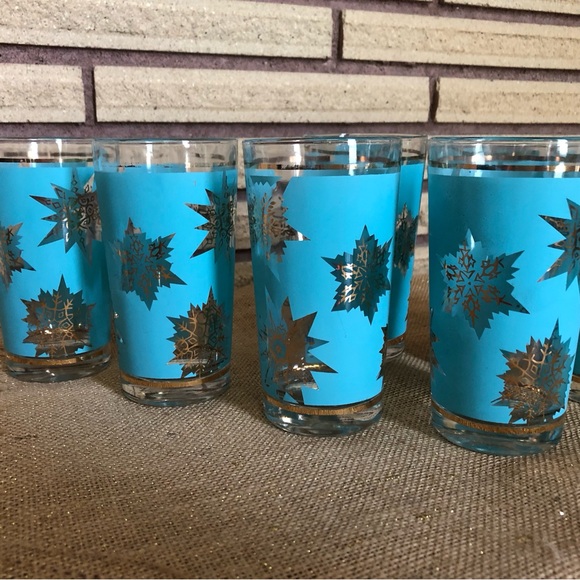 Vintage Other - 60's Aqua/Gold Starburst Glasses - 8 - Tumblers - Highballs - Barware -Glassware